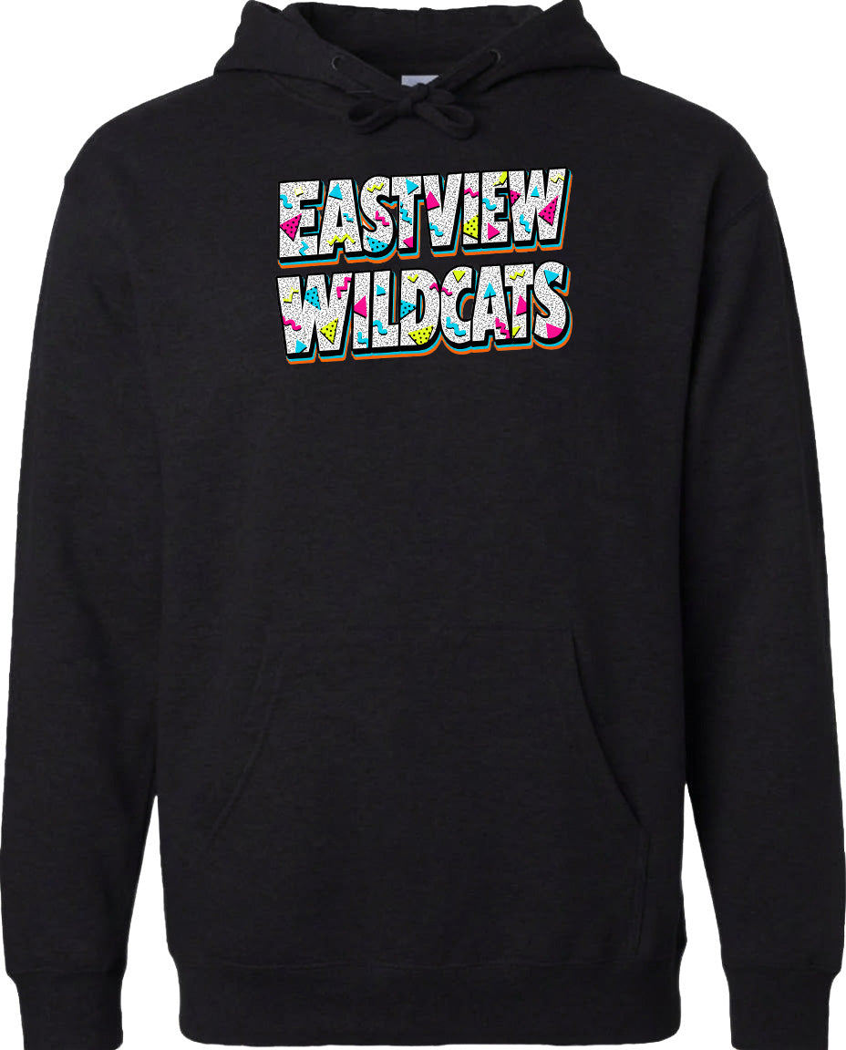 A black hoodie with the text "EASTVIEW WILDCATS" printed on it in a colorful, stylized font.