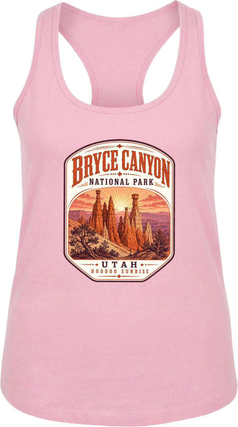 A pink tank top with a graphic design depicting Bryce Canyon National Park and Utah.