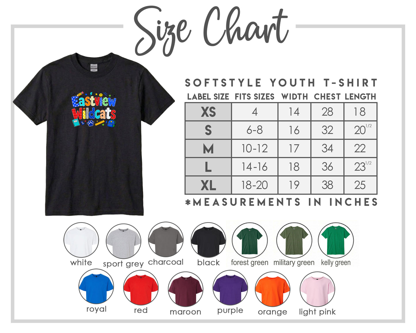 The image is a size chart for a softstyle youth t-shirt, providing measurements for different sizes and corresponding t-shirt colors.