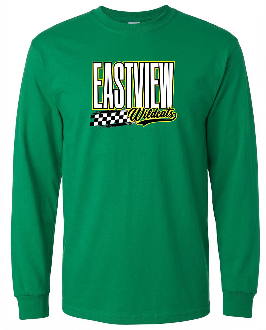 A long-sleeved green t-shirt with a graphic design featuring the text "EASTVIEW Wildcats" in bold white letters.