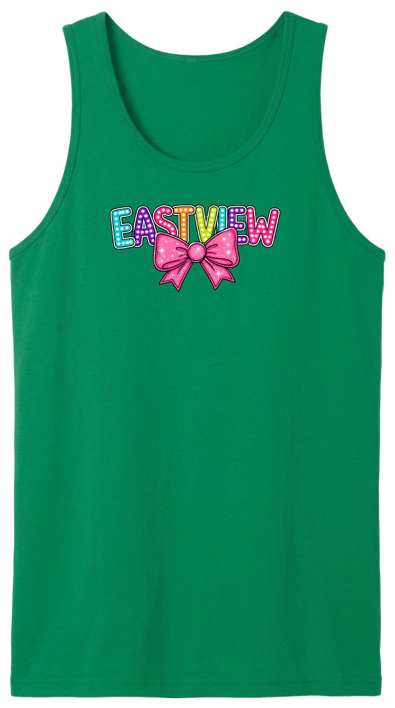 A green tank top with the word "EASTVIEW" printed on it, along with a colorful bow.