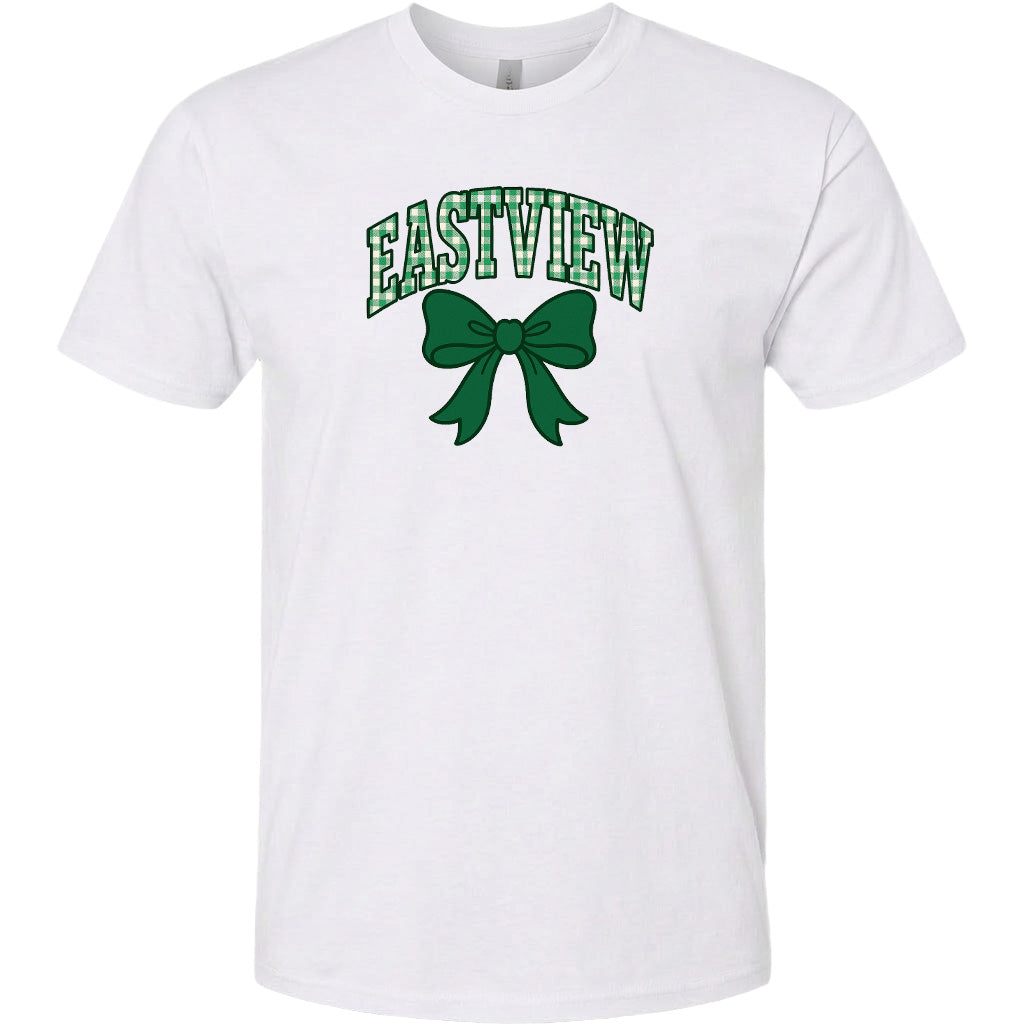A white t-shirt with a green bow and the word "EASTVIEW" printed on it.