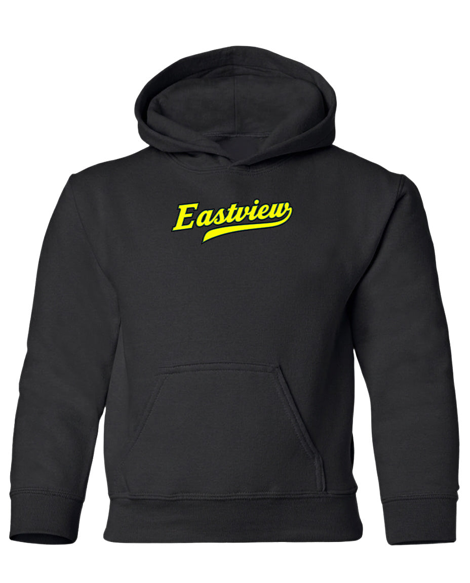 A black hooded sweatshirt with the word "Eastview" printed in yellow on the front.