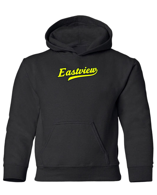 A black hooded sweatshirt with the word "Eastview" printed in yellow on the front.
