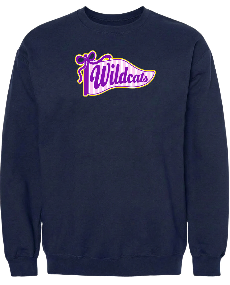 A navy blue sweatshirt with a purple and yellow graphic design on the front, featuring the text "Wildcats" in a stylized font.