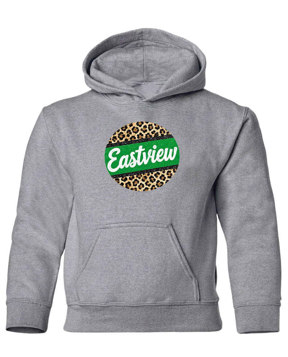 A gray hoodie with a leopard print design and the word "Eastview" printed on it.