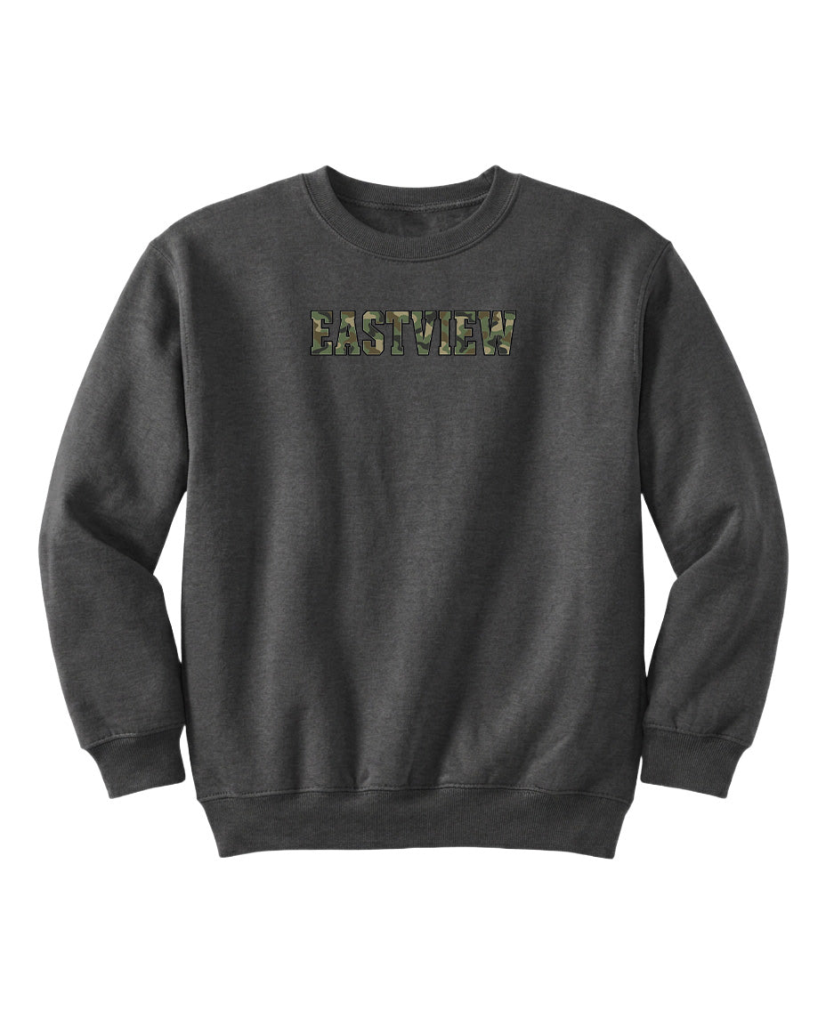 A gray sweatshirt with the word "EAGTView" printed on it in a camouflage pattern.