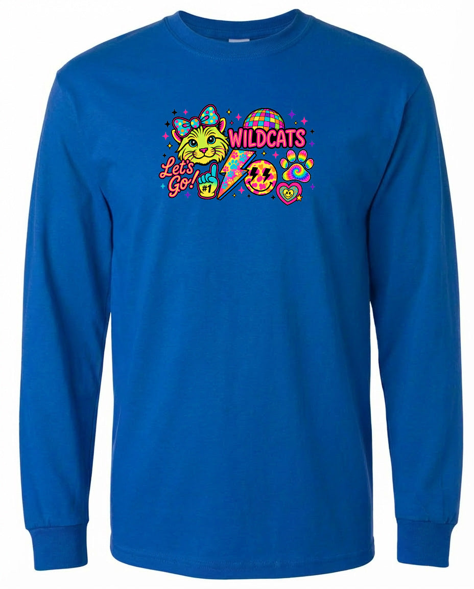 A blue long-sleeved shirt with a colorful graphic design featuring a cat, a rainbow, and the text "Let's Go" along with a smiley face.