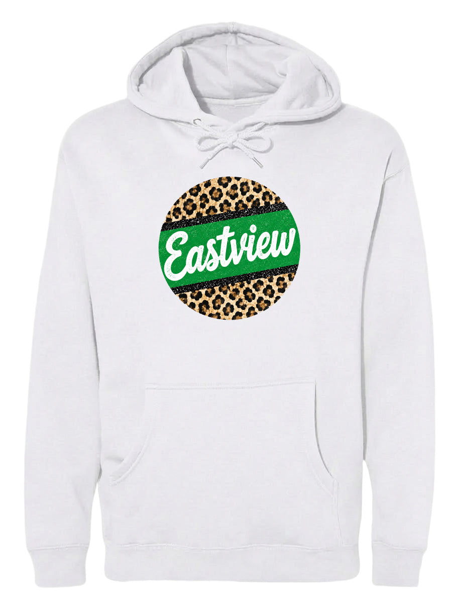 A white hoodie with a leopard print design and the word "Eastview" printed on it.