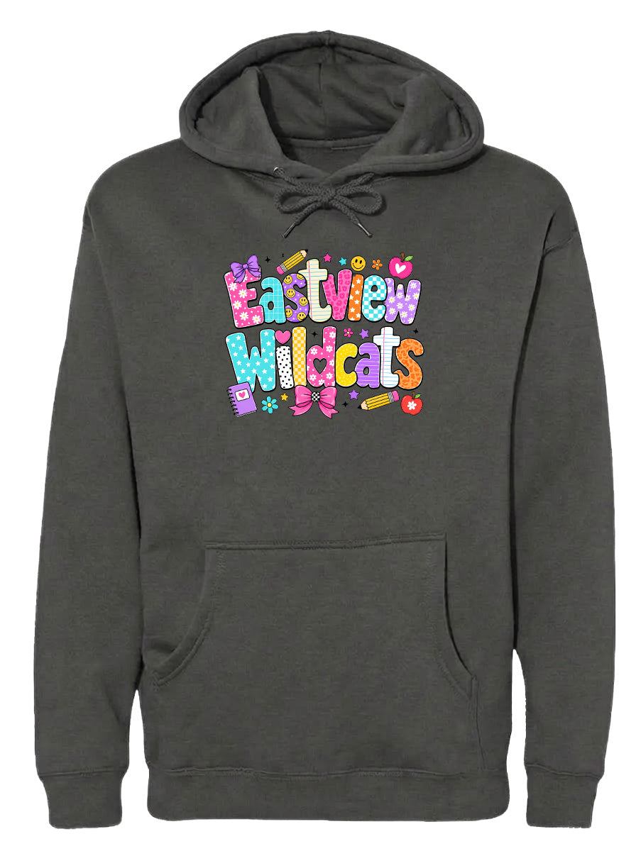A gray hoodie with a colorful graphic design featuring the text "Eastview Wildcats" and various decorative elements.