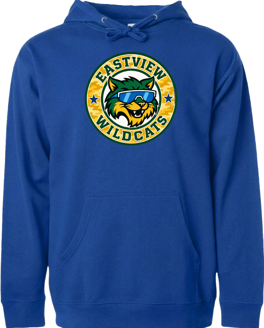 A blue hoodie with a graphic of a cat wearing sunglasses and the text "EASTVIEW WILDCATS" printed on it.