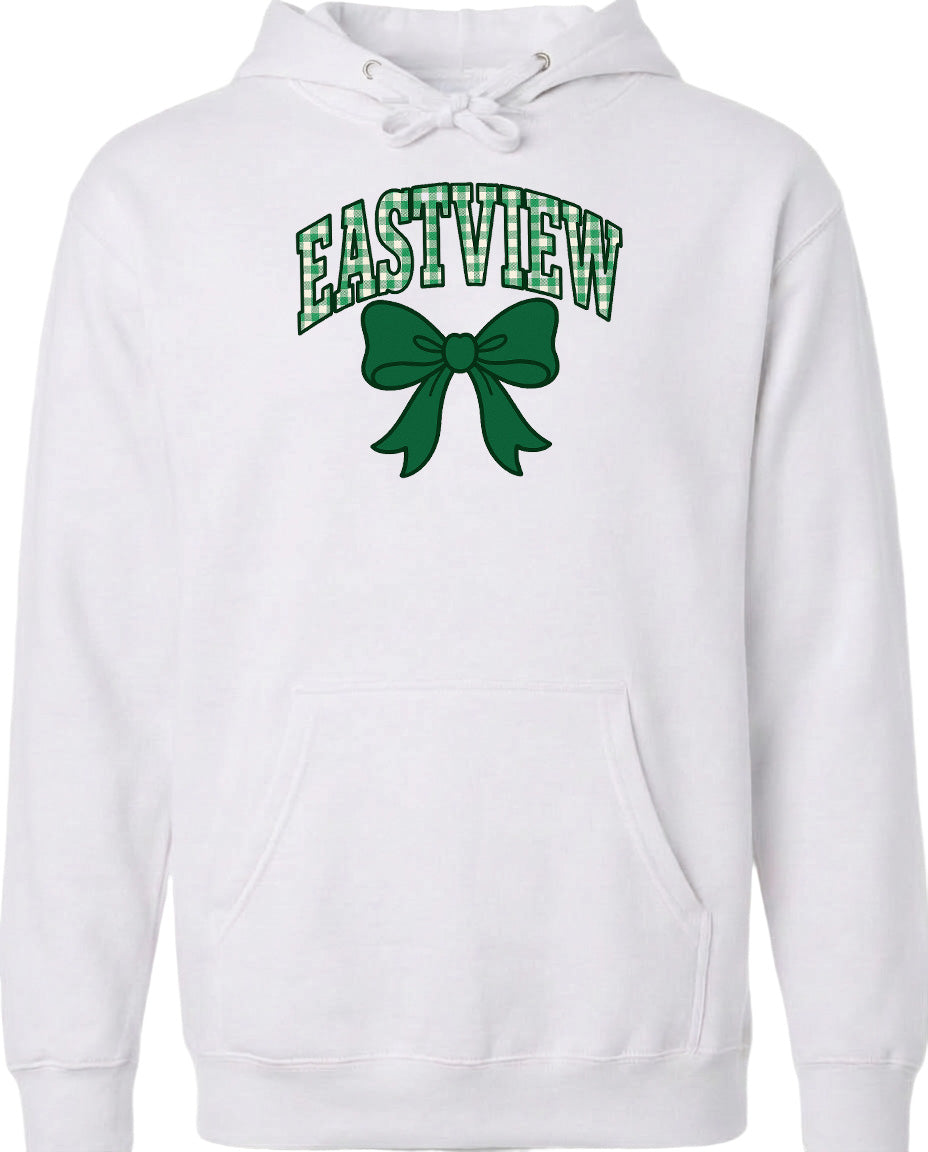 A white hoodie with a green bow and the word "EASTVIEW" printed on it.