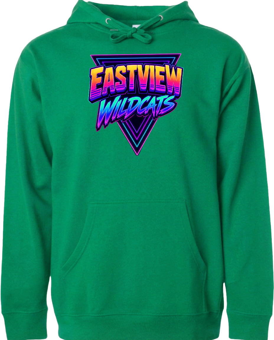 A green hoodie with a graphic design featuring the text "EASTVIEW WILDCATS" in a retro style.