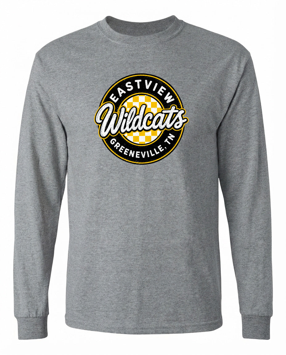 A gray long-sleeved t-shirt with a circular logo on the front.