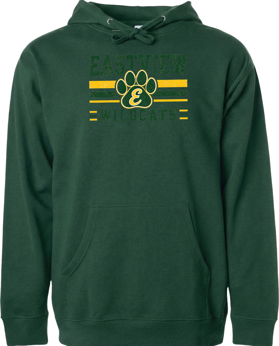 A green hoodie with a graphic design featuring a paw print and the text "EASTVIEW WILDCATS" printed on it.