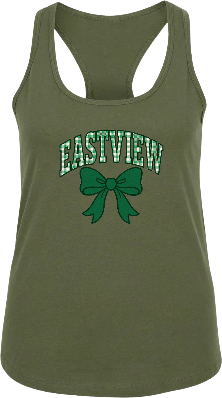 A green tank top with the text "EASTVIEW" and a green bow graphic printed on it.