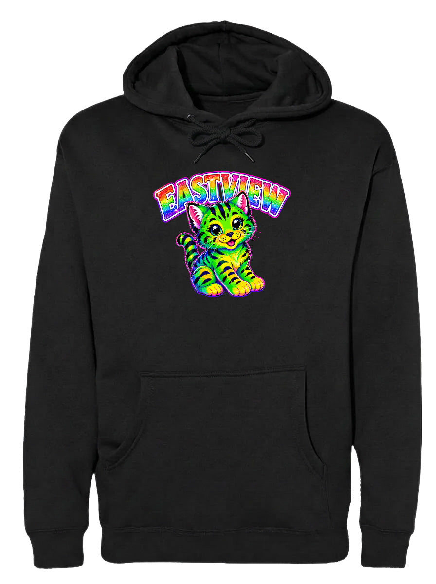 A black hoodie with a colorful graphic of a cat and the text "EASTVIEW" printed on it.
