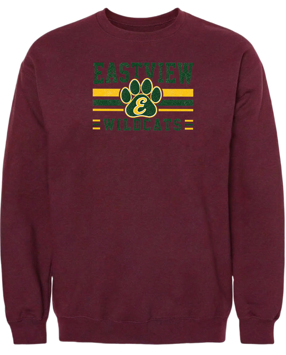 A burgundy sweatshirt with a graphic design featuring a paw print and the text "EASTVIEW WILDCATS" printed on it.