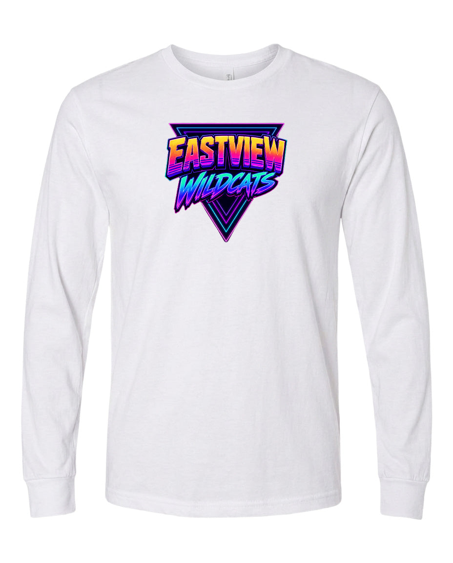 A white long-sleeved t-shirt with a graphic design featuring the text "EASTVIEW WILDCATS" in a colorful, retro-style font.