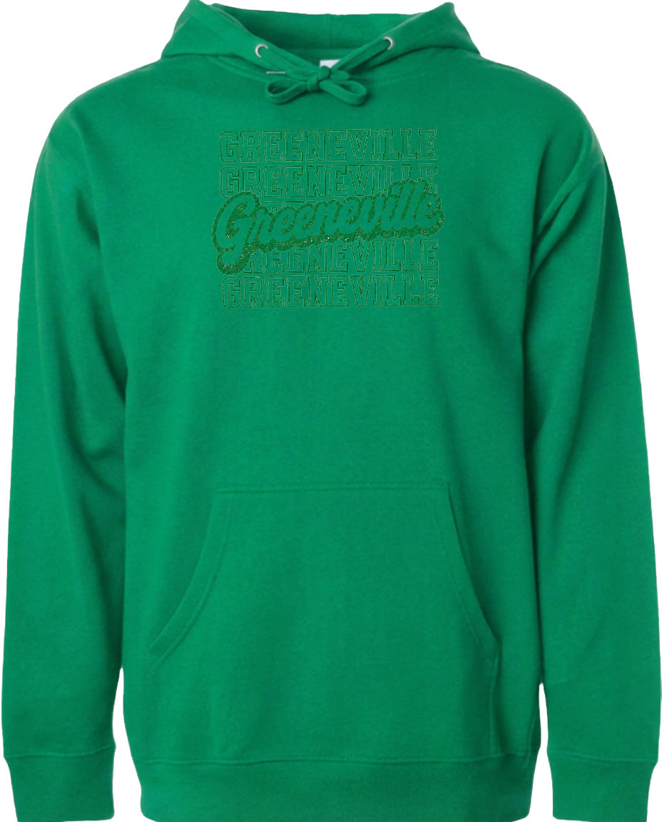 A bright green hoodie with the text "Greenville" printed on it.