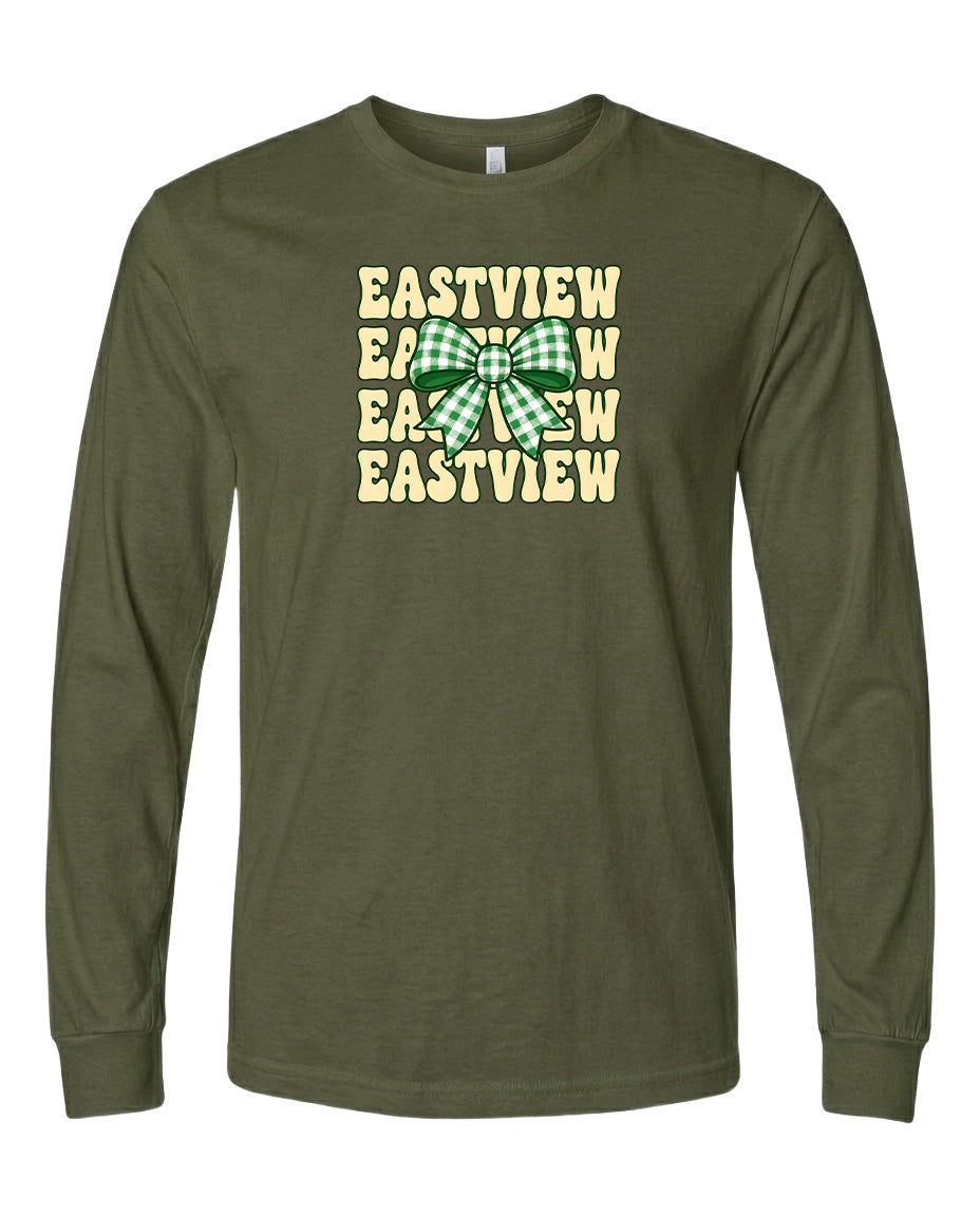 A long-sleeved olive green t-shirt with a graphic design featuring the text "EASTVIEW" repeated in a vertical orientation, with a green and white bow in the center.