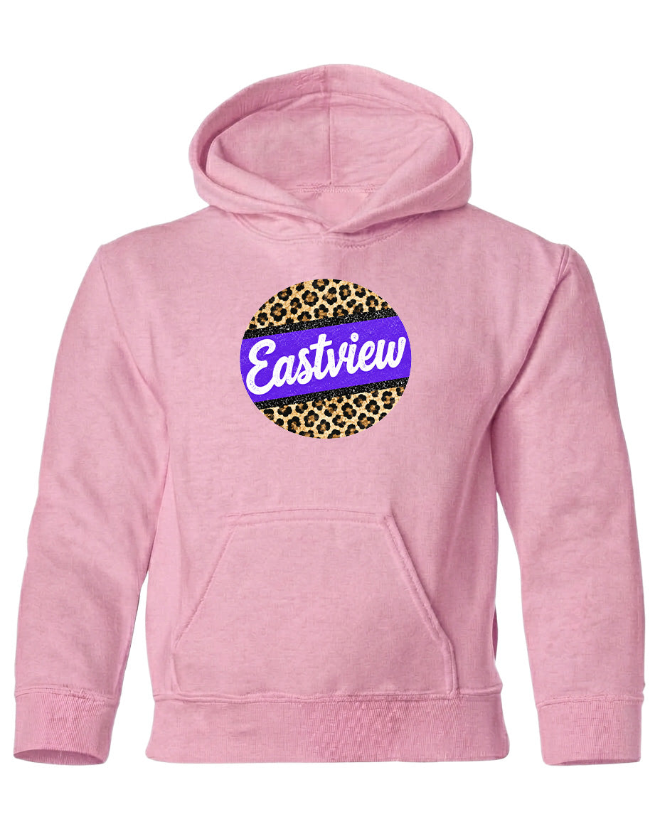A pink hoodie with a leopard print design and the word "Eastview" printed on it.