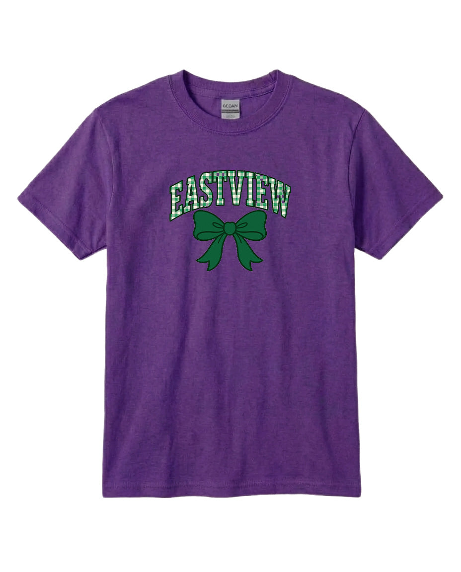 A purple t-shirt with a graphic design featuring a green bow and the text "EASTVIEW" printed on it.
