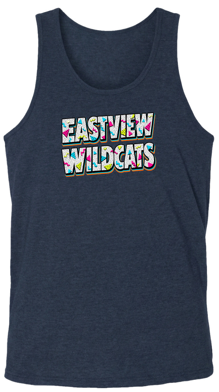 A dark blue tank top with the text "EASTVIEW WILDCATS" printed on it in a colorful, stylized font.