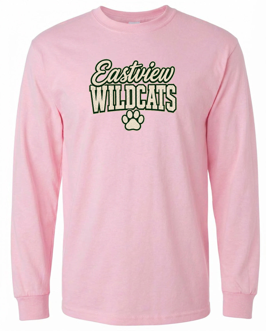 A pink long-sleeved t-shirt with the text "Eastview Wildcats" printed on it.