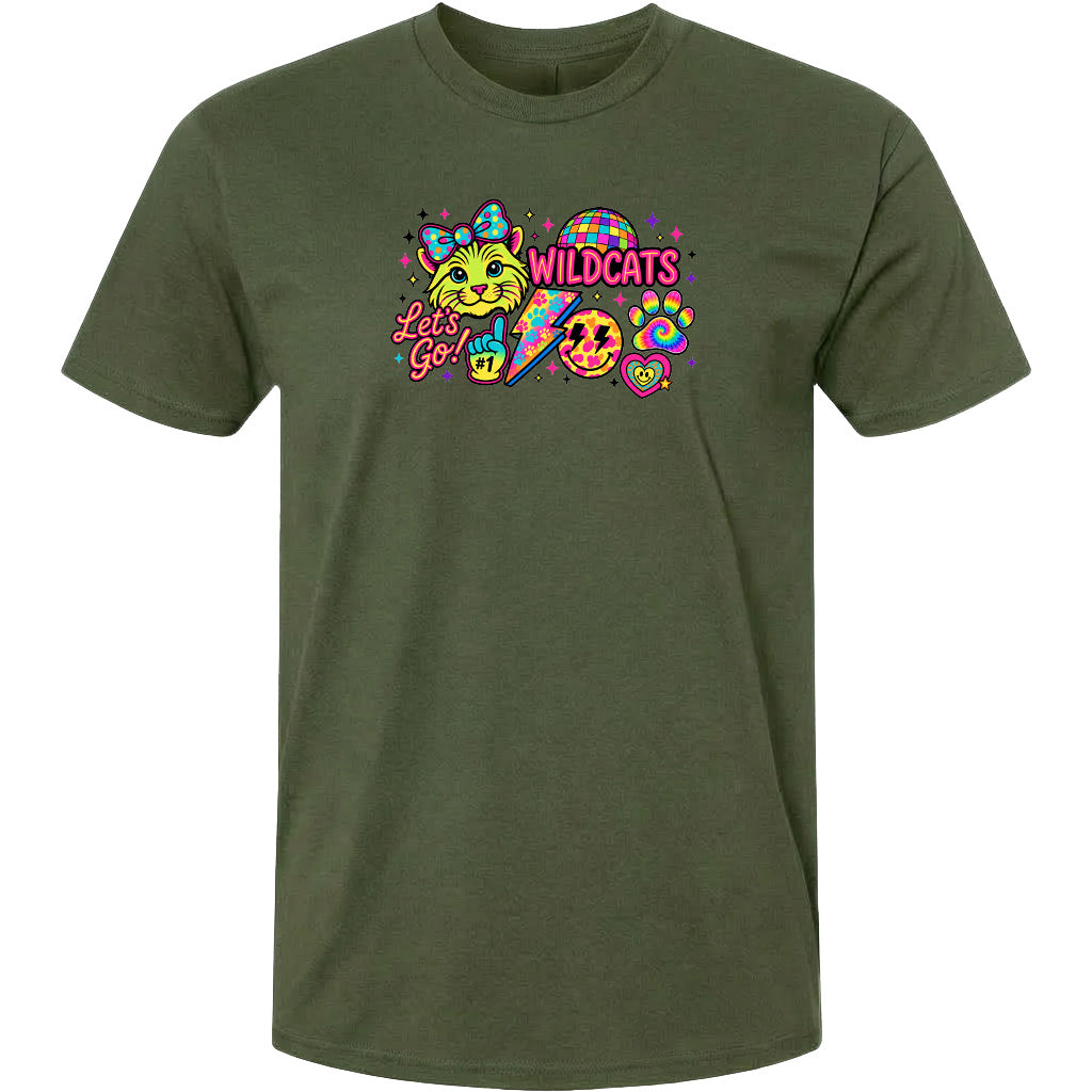 A green t-shirt with a colorful graphic design featuring a cat, a smiley face, and various other elements.