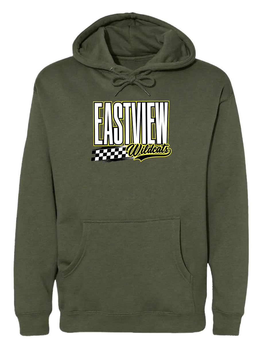 A green hoodie with a logo on the front.