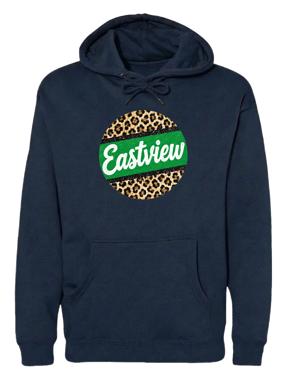 A navy blue hoodie with a leopard print design and the word "Eastview" printed on it.
