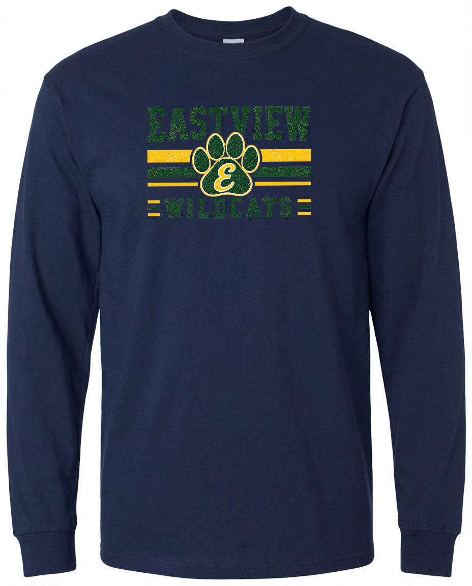A navy blue long-sleeved t-shirt with a graphic design featuring a paw print and the text "EASTVIEW WILDCATS" printed on it.