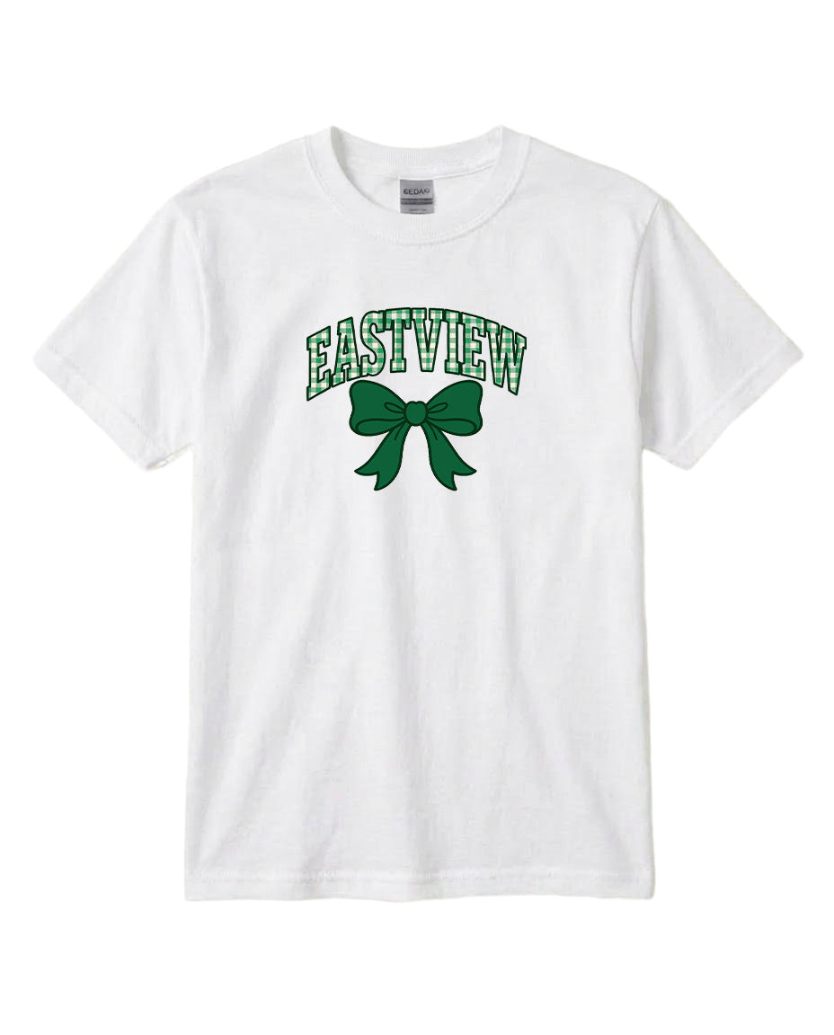 A white t-shirt with the text "EASTVIEW" and a green bow graphic printed on it.