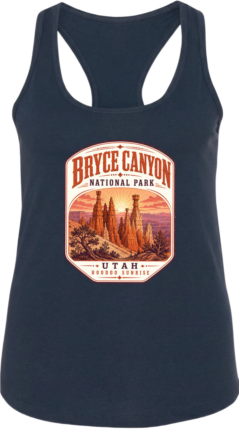 A graphic design on a dark tank top featuring the Bryce Canyon National Park logo and a scenic illustration of the park's iconic rock formations.