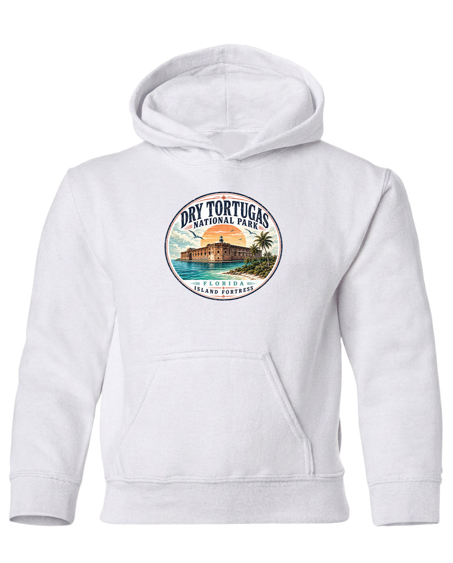 A white hoodie with a circular logo featuring a tropical island and palm trees, along with the text "Dry Tortugas National Park, Florida Island Portrait".