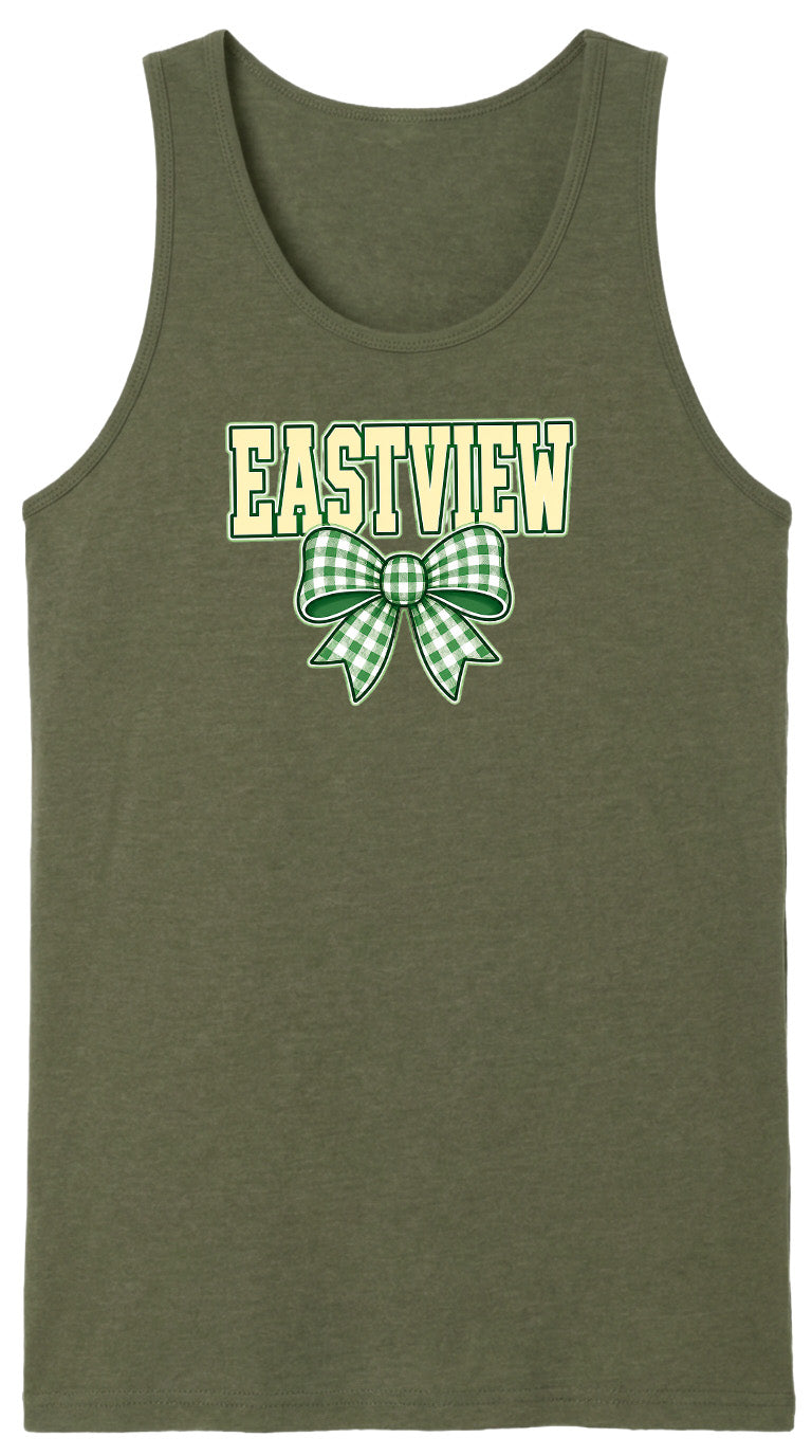 A green tank top with the word "EASTVIEW" printed on it, along with a bow graphic.