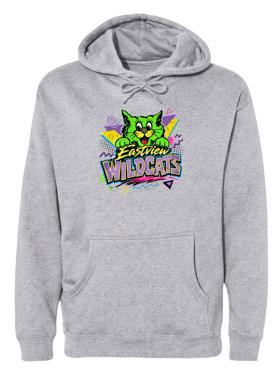 A gray hoodie with a colorful graphic design featuring a cartoon cat and the text "EASTVIEW WILDCATS".
