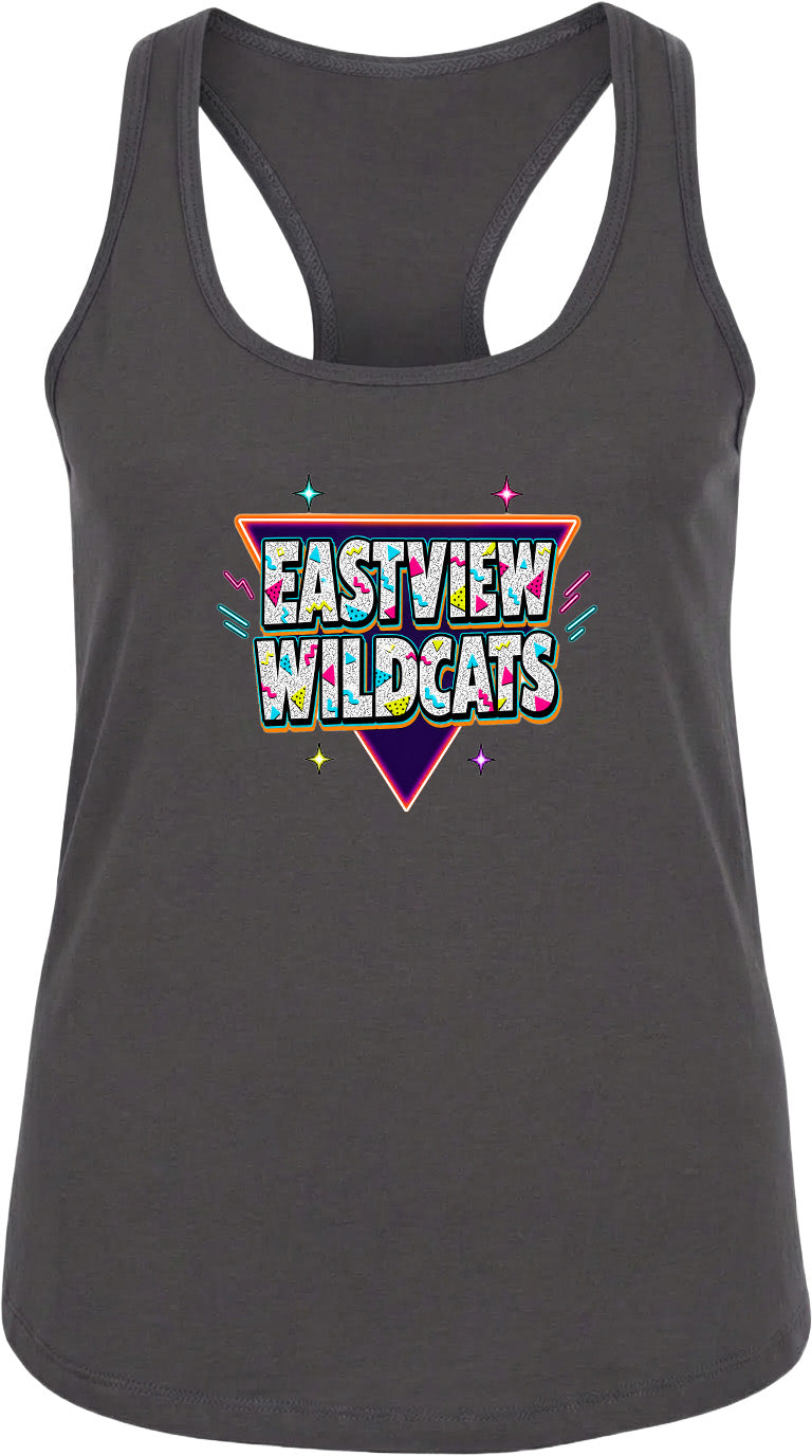 A gray tank top with a colorful graphic design featuring the text "EASTVIEW WILDCATS" in a stylized font.