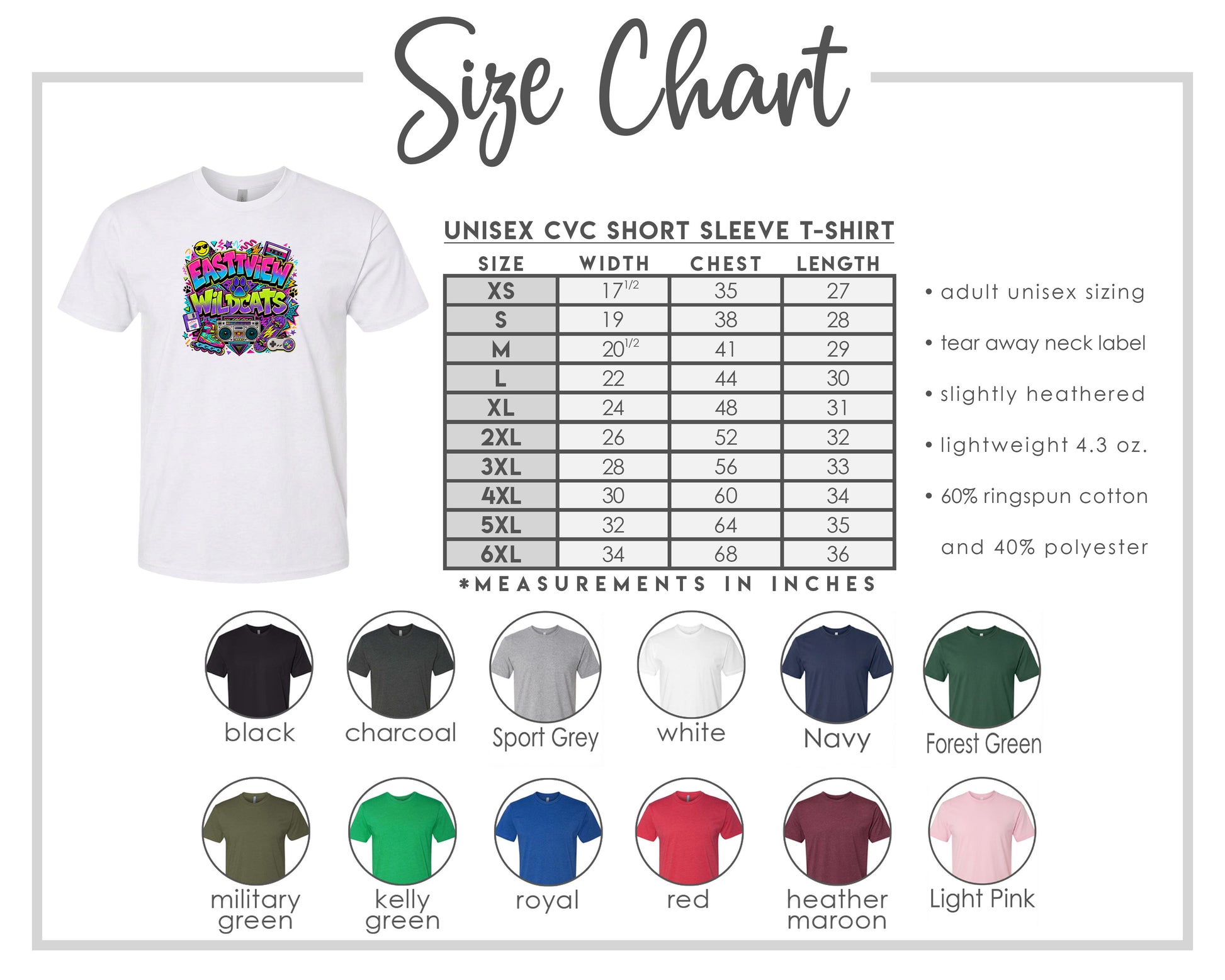 The image is a size chart for a white short sleeve t-shirt, including various color options and corresponding measurements in inches.