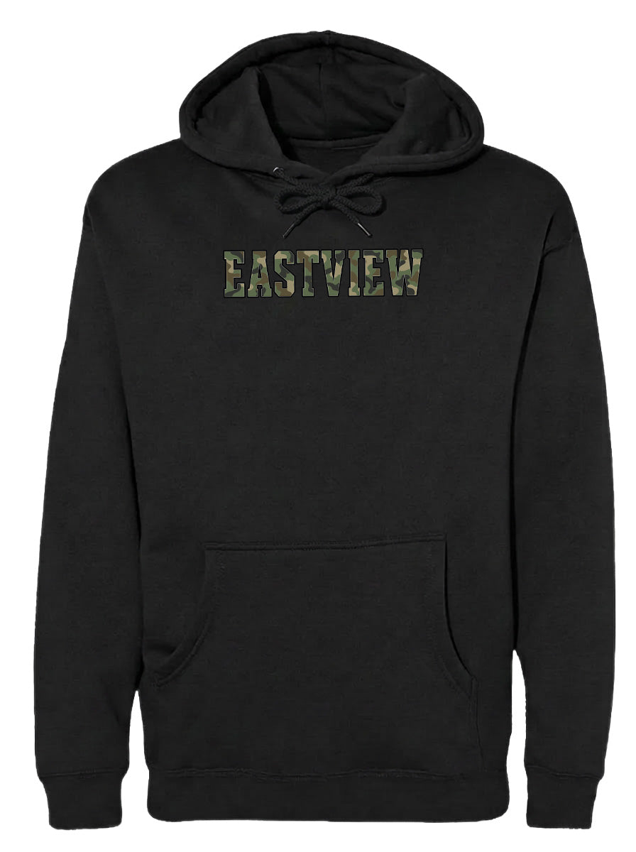 A black hooded sweatshirt with the word "EASTVIEW" printed on it in a camouflage pattern.