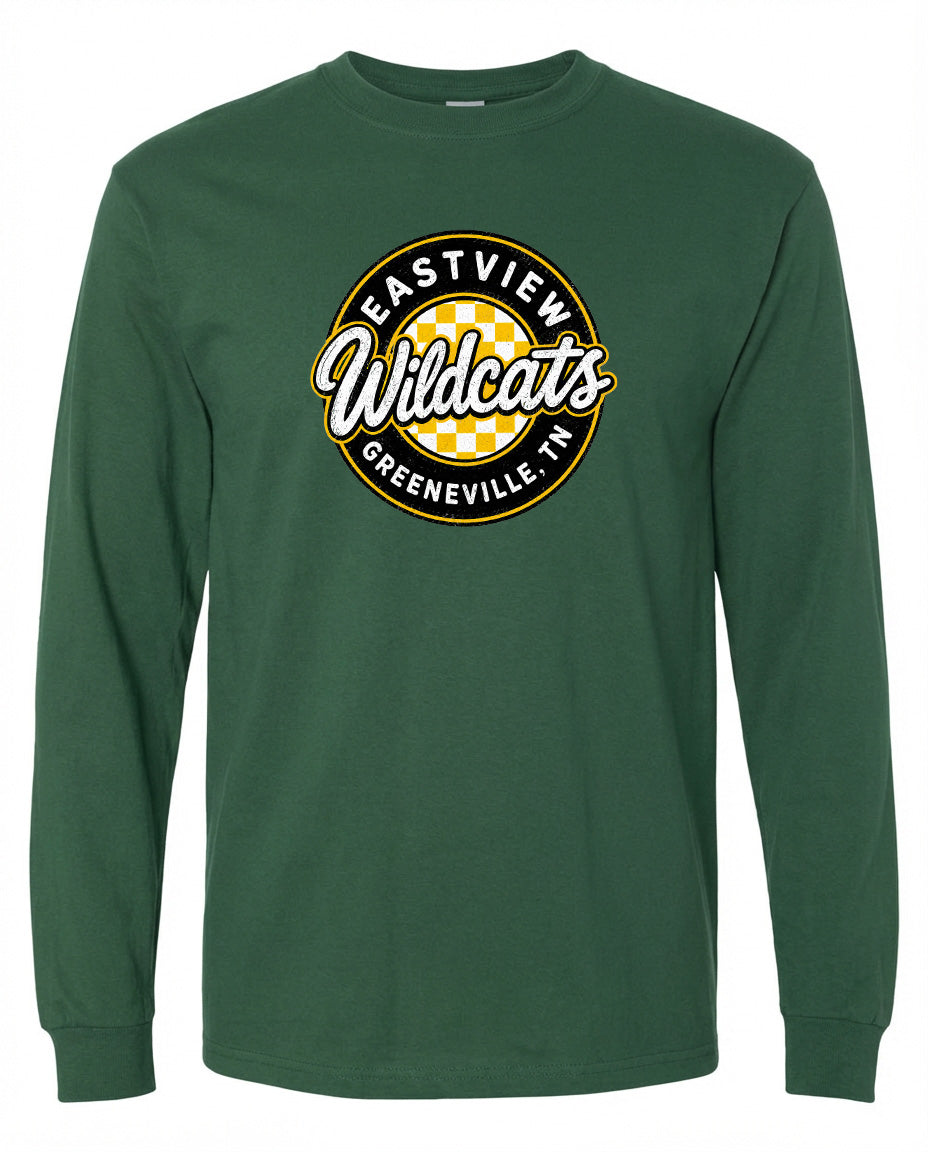 A green long-sleeved shirt with a circular logo on the front.