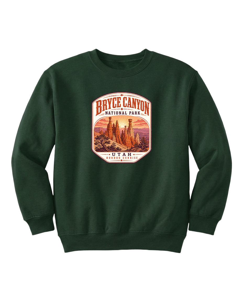 A green sweatshirt with a graphic design depicting Bryce Canyon National Park and Utah.
