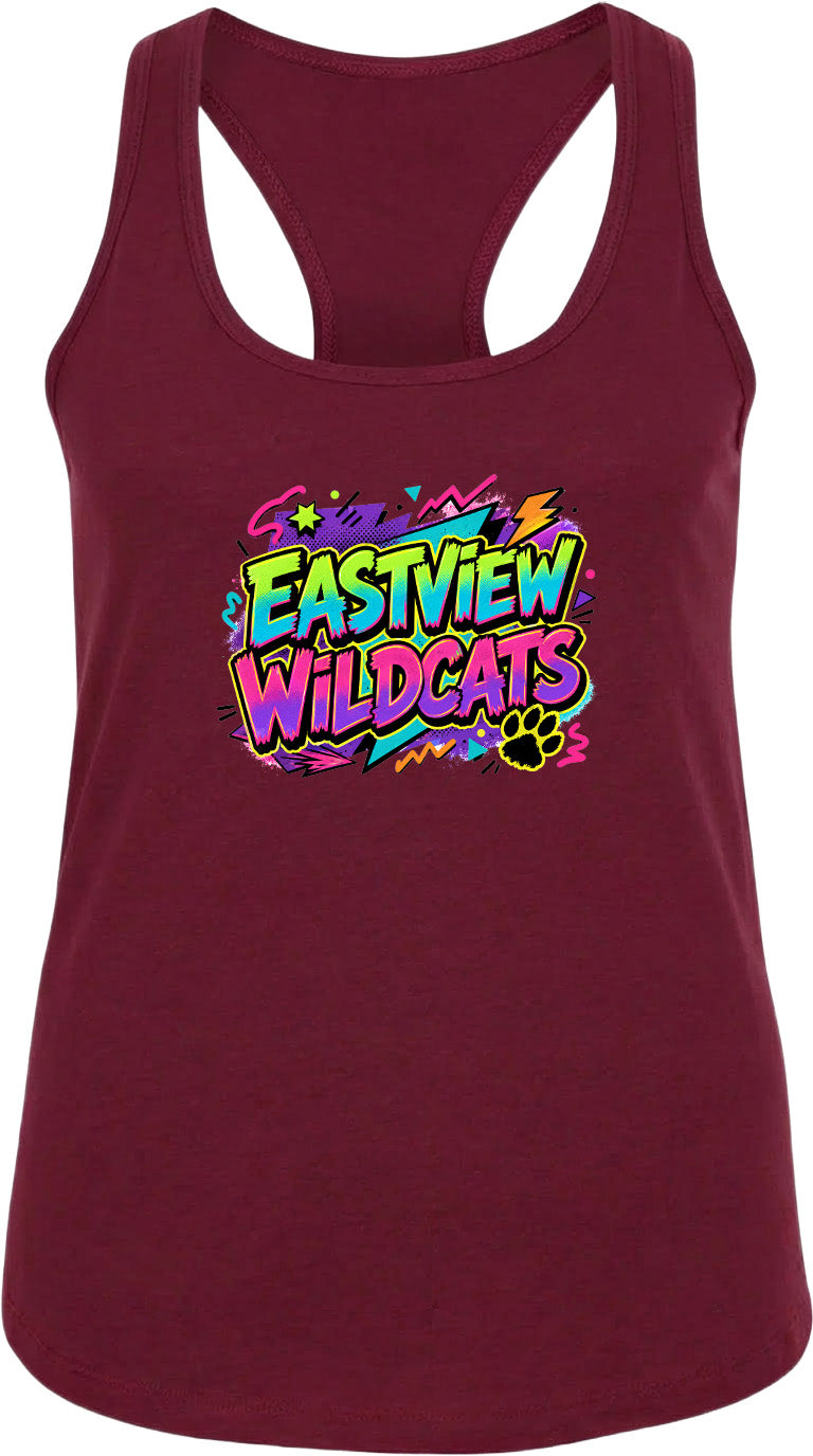 A burgundy-colored tank top with a graphic design featuring the text "EASTVIEW WILDCATS" in a colorful, stylized font.