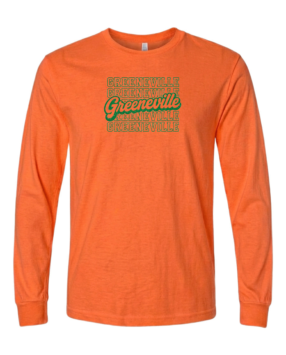 An orange long-sleeved t-shirt with text printed on it.