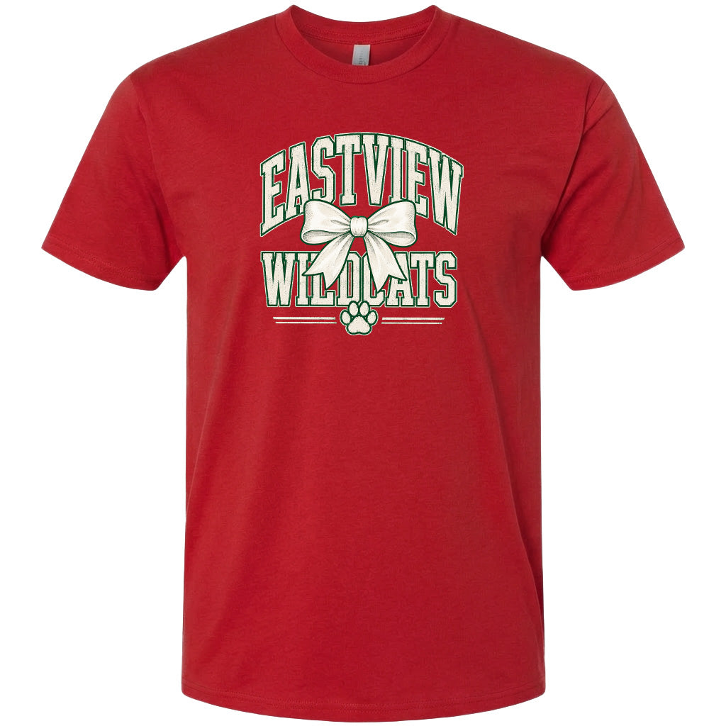 A red t-shirt with a graphic design featuring the text "EASTVIEW WILDLIFE" and a bow.