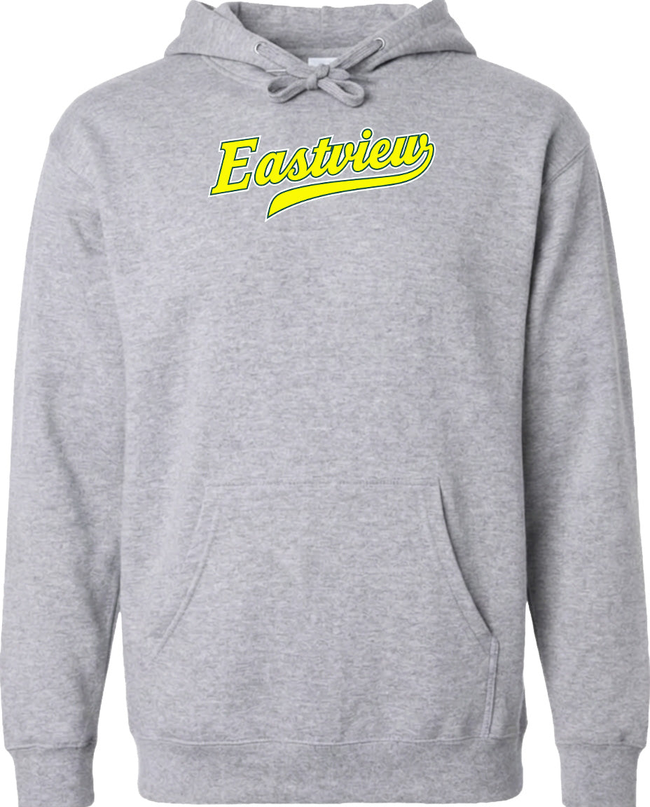 A gray hoodie with a yellow text logo on the front.