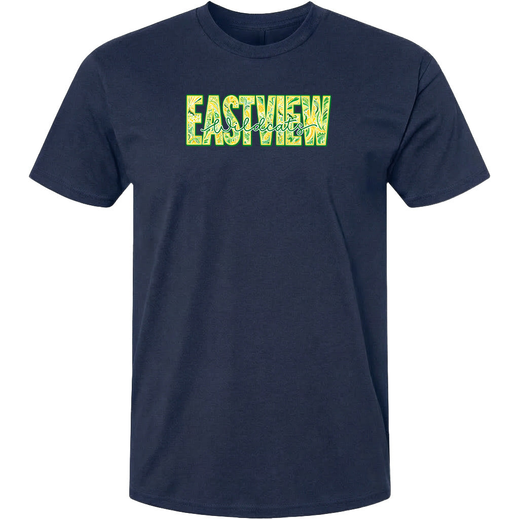 A navy blue t-shirt with the word "EASTVIEW" printed in green text.