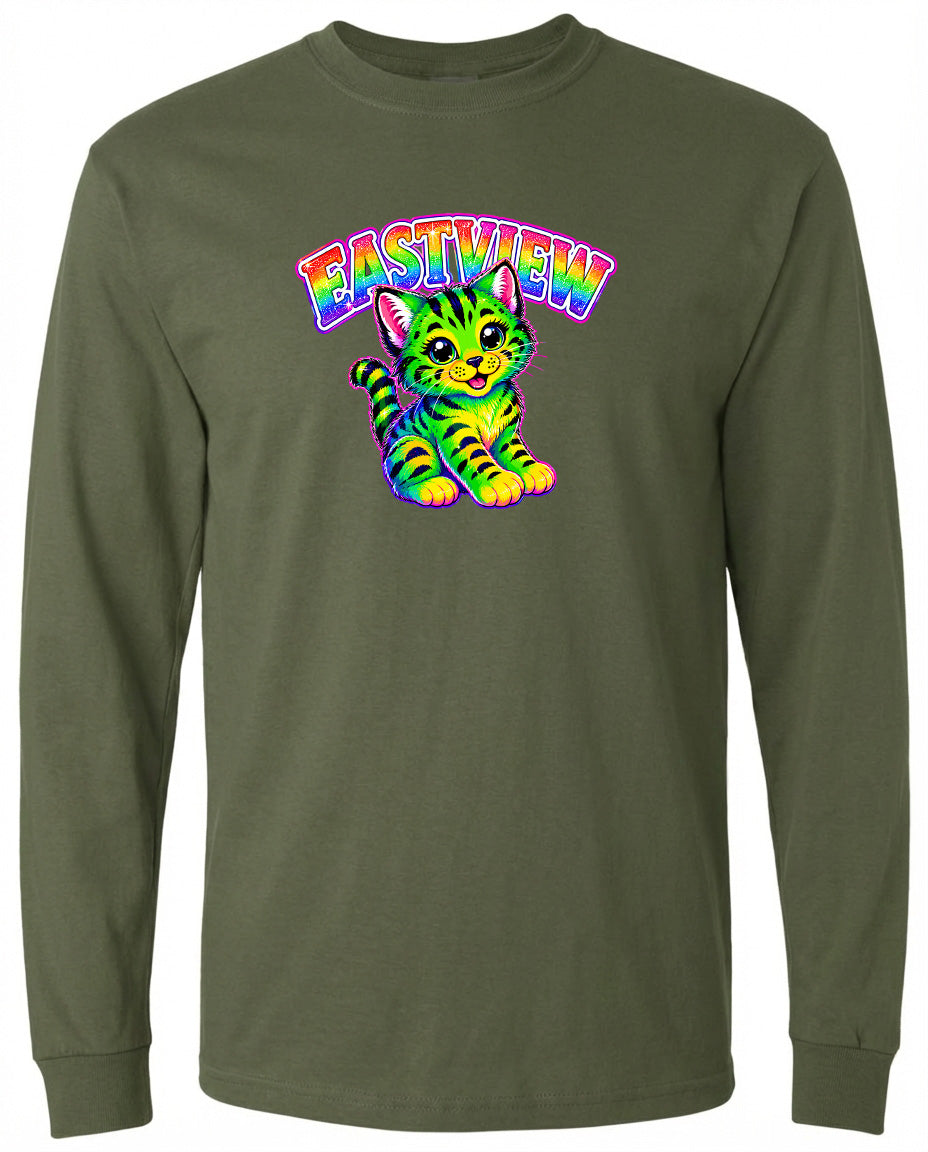 A long-sleeved green t-shirt with a colorful graphic of a cat and the text "EASTVIEW" printed on it.