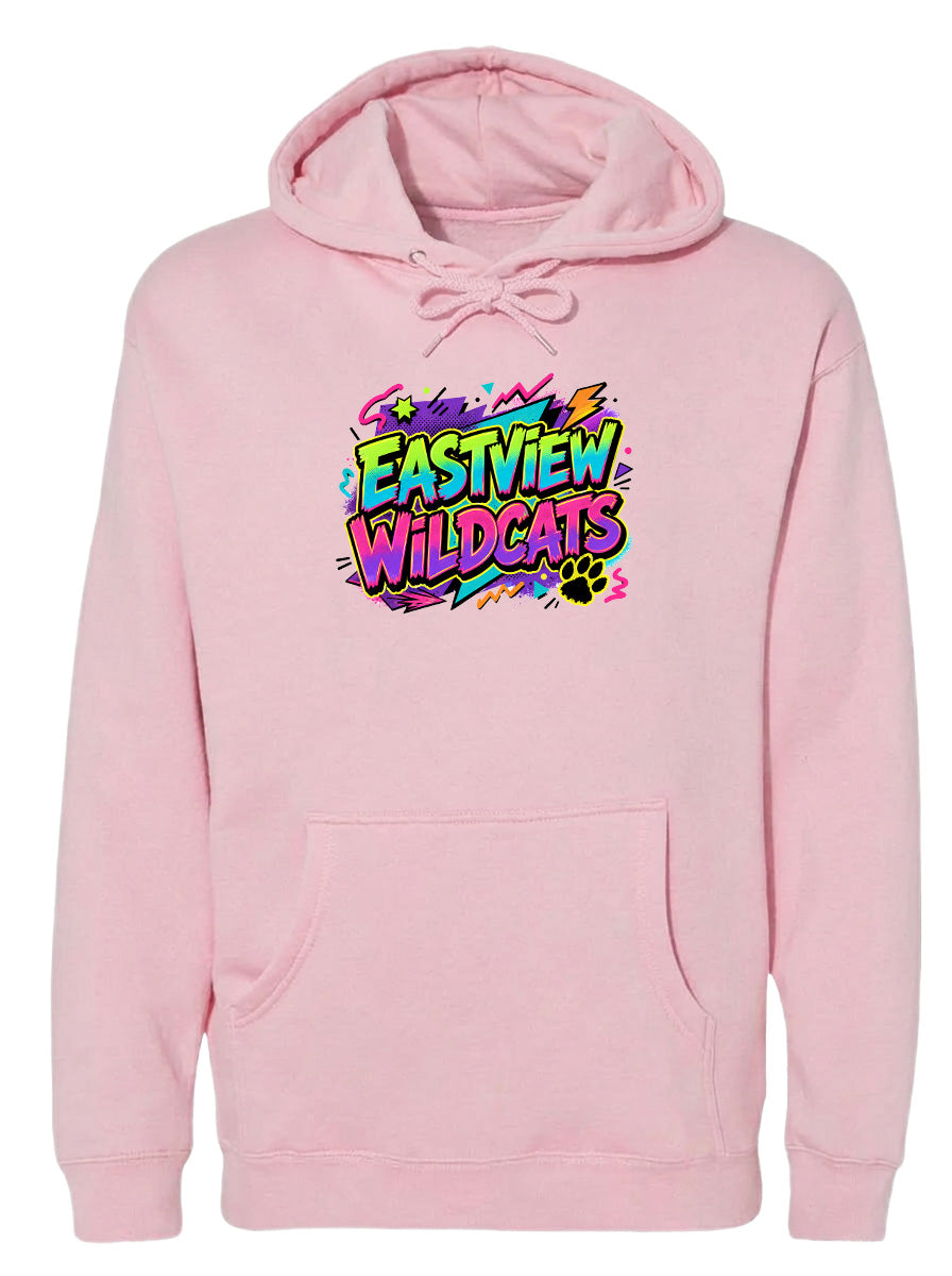 A pink hoodie with a graphic design featuring the text "EASTVIEW WILDCATS" in a colorful, stylized font.